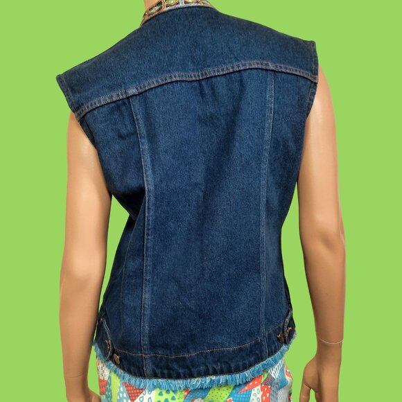 Vintage 90 Denim Jean Vest Oversized Embroidered Fringe Size S Dark Wash - Picture 7 of 10